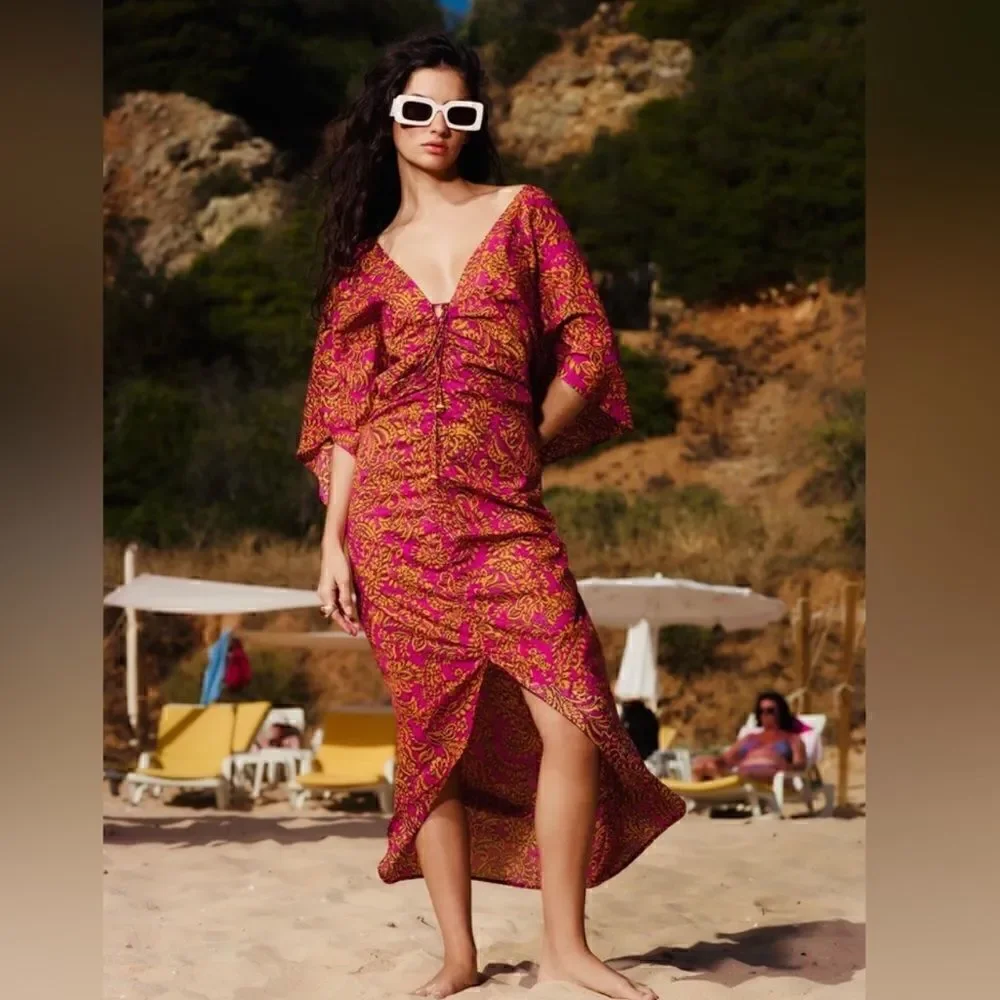 ZARA BOHO RUCHED KAFTAN DRESS - Picture 1 of 3